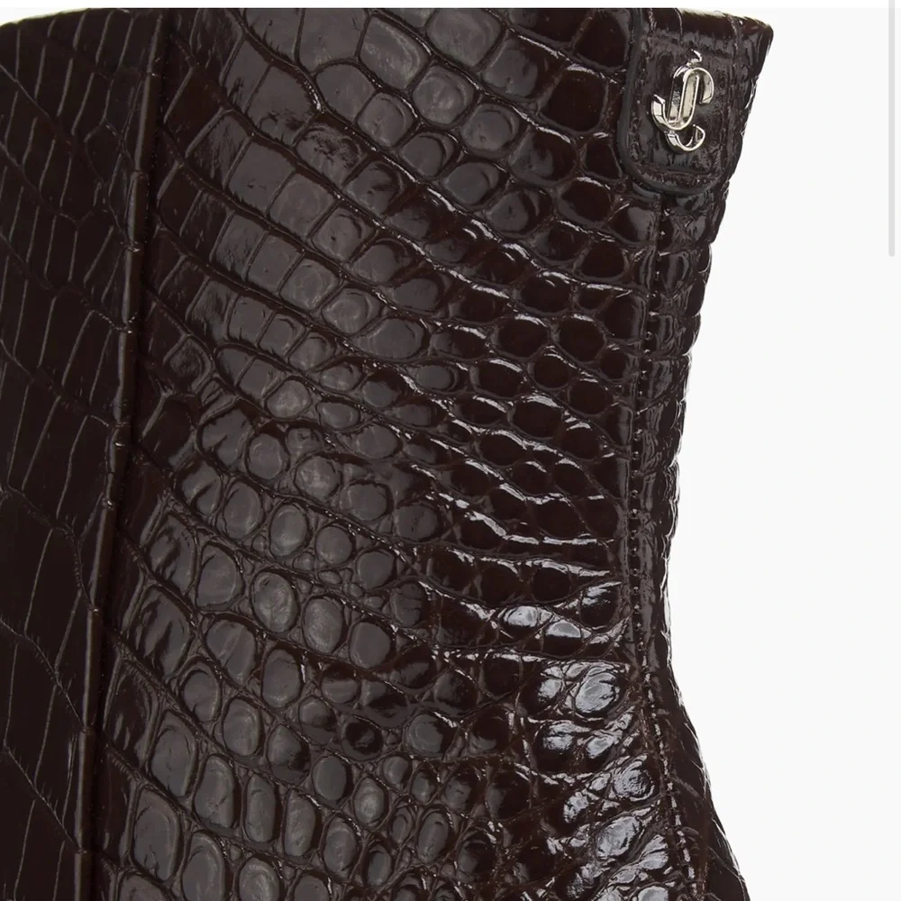 Jimmy Choo Frankie 85MM Embossed Leather Bootie Elegant Chocolate Brown Croc NWT - Picture 5 of 9